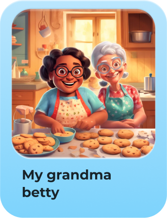SongTales custom song 'My grandma Betty' with cover art of a grandma and grandchild baking cookies
