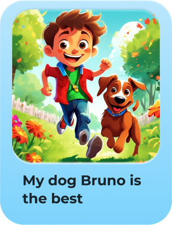 SongTales custom song 'My dog Bruno is the best' with cover art of a boy running with his dog
