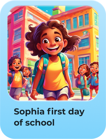 SongTales custom song 'Sophia first day of school' with AI cover art of a girl walking to school