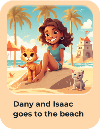 SongTales custom song 'Dany and Isaac go to the beach' with cover art of a girl and her cats at the beach