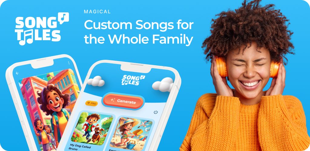 SongTales AI music generator app screens: song library with Generate button and custom kids' songs