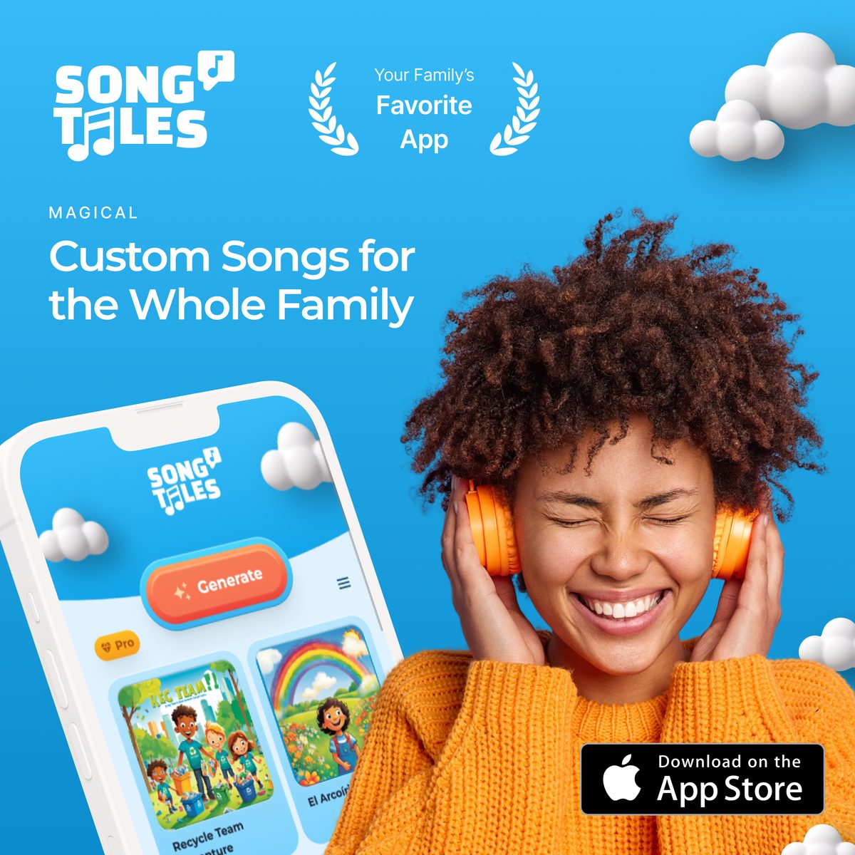 SongTales app on a phone generating custom songs for kids, with a mom listening on orange headphones